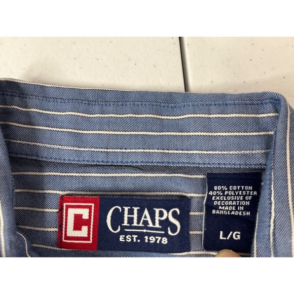 Chaps Men's Button Down Shirt L Blue White Striped Cotton Polyester Collared - Picture 4 of 4